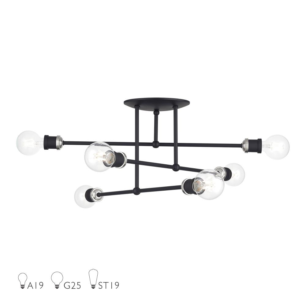 6 Light Black Extra Large Semi-Flush with Brushed Nickel Accents