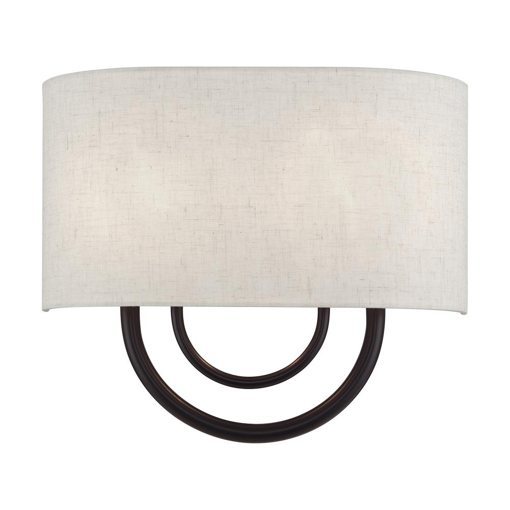 2 Light English Bronze ADA Sconce with Hand Crafted Oatmeal Fabric Shade with White Fabric Inside