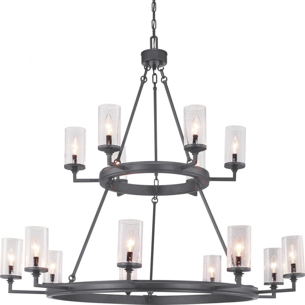 Gresham Collection Fifteen-Light Graphite Clear Seeded Glass Farmhouse Chandelier Light