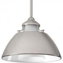  P500013-104 - Carbon Collection One-Light Polished Nickel Etched White Glass Mid-Century Modern Pendant Light