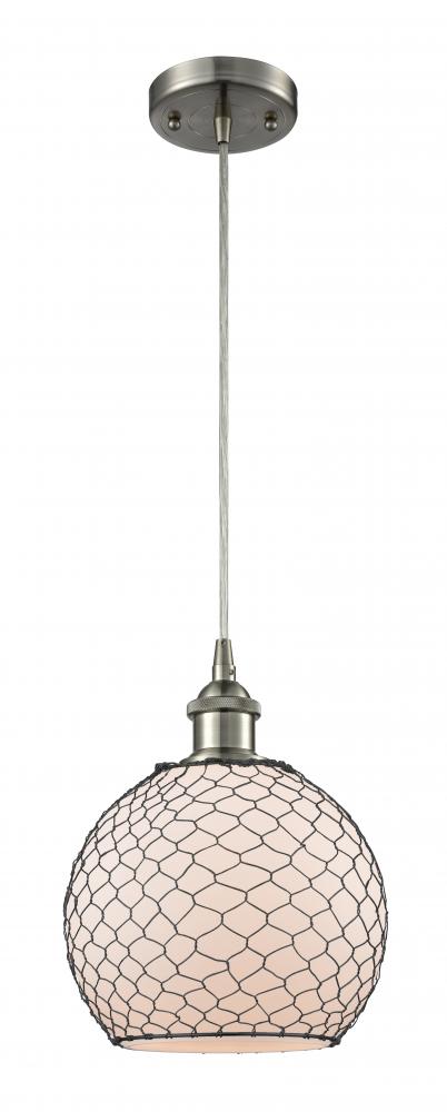 Farmhouse Chicken Wire - 1 Light - 8 inch - Brushed Satin Nickel - Cord hung - Mini Pendant