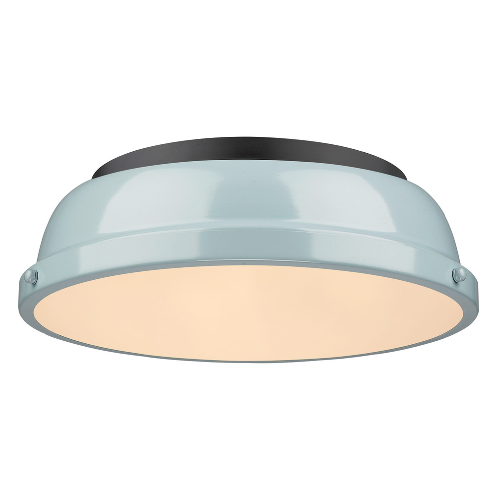 Duncan 14" Flush Mount in Matte Black with a Seafoam Shade