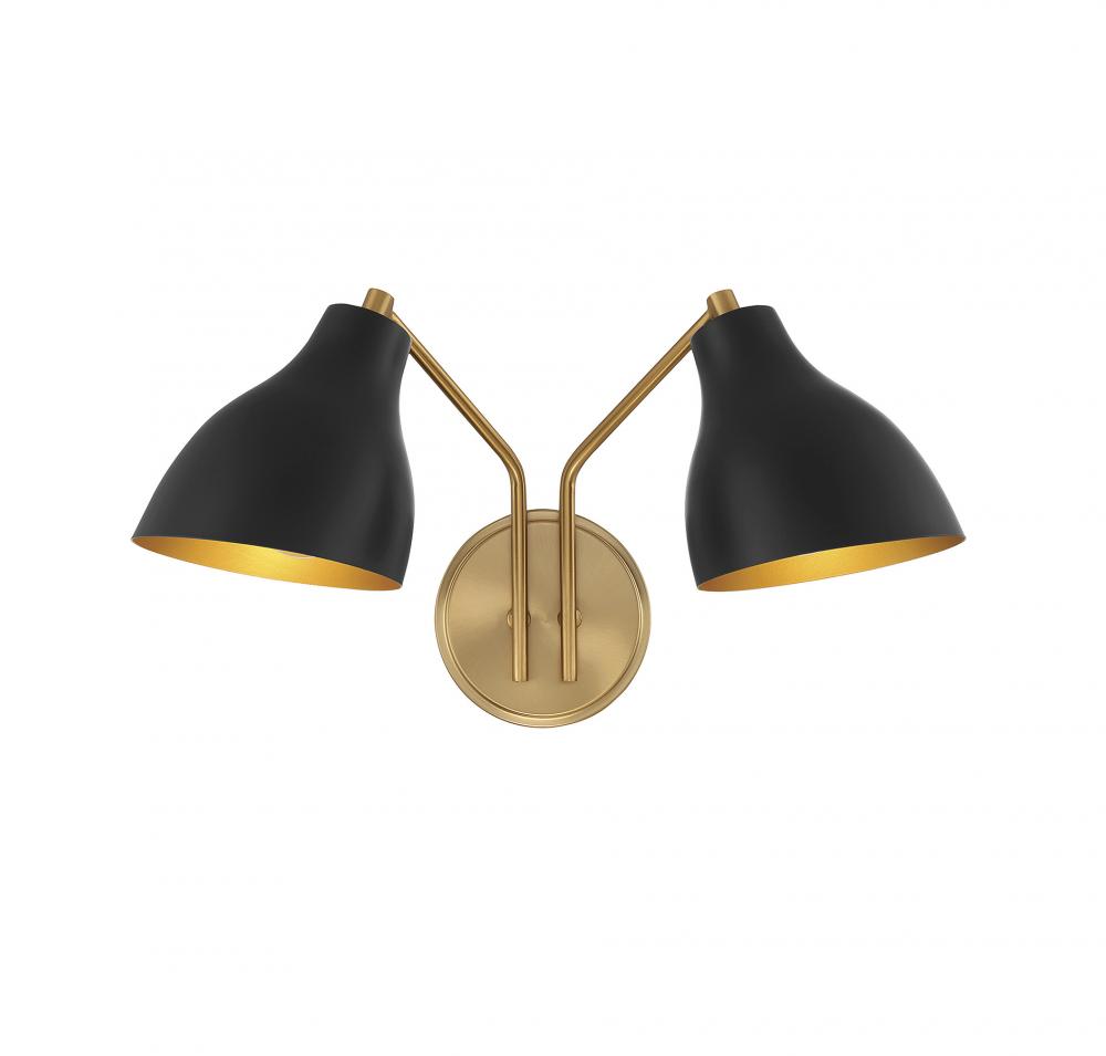 2-Light Wall Sconce in Matte Black with Natural Brass